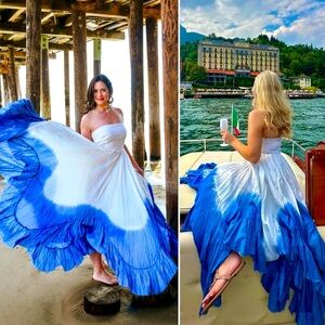 Samant Chauhan Ombre Maxi Dress White Blue Strapless Ruffle Anthropologie S